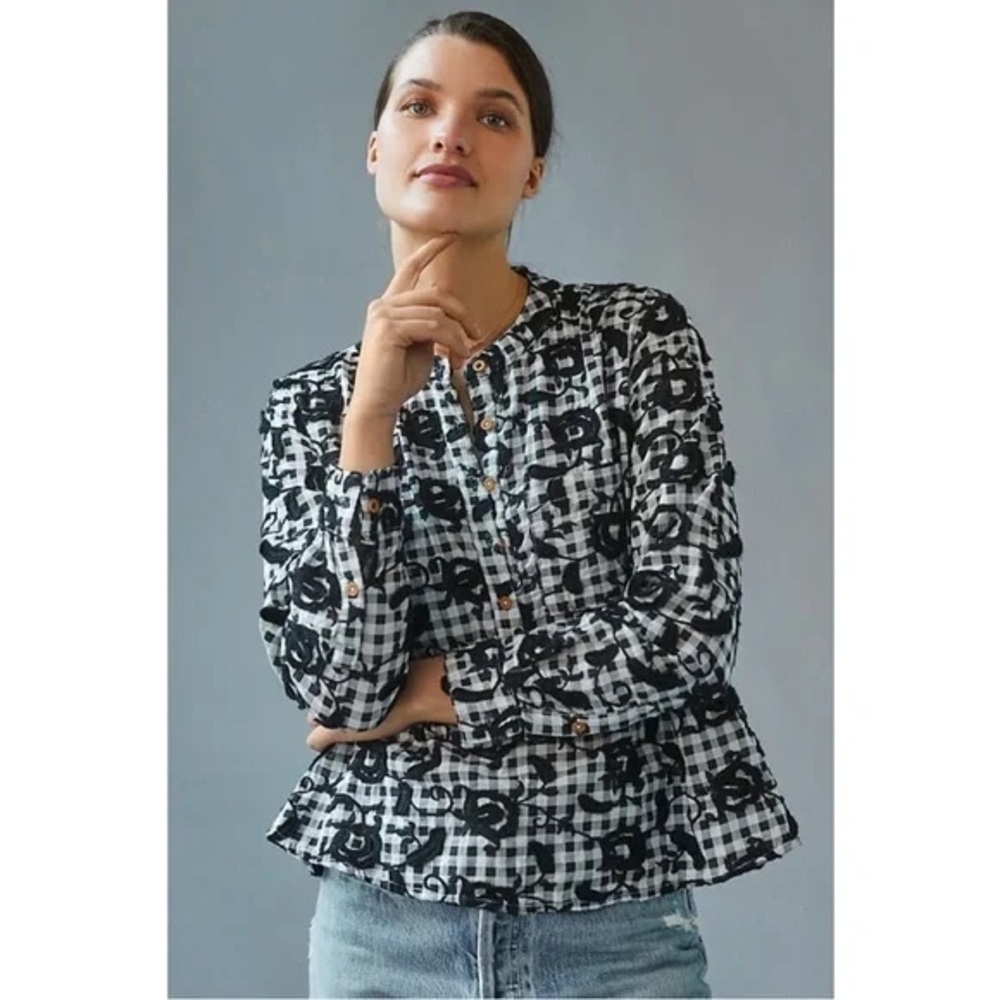 Anthropologie Black and White Gingham Floral Button-Front Peplum Top